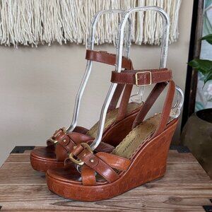 Vintage Y2K  Juicy Couture Cognac 100% Leather Ankle Wrap Platform Wedges Size 9